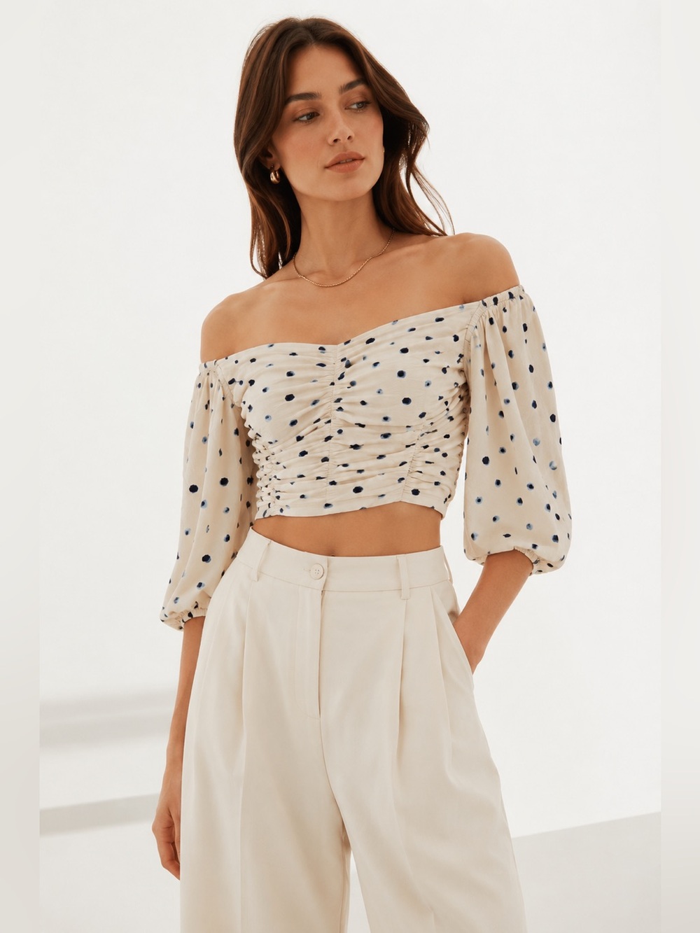 Wilfred Aritzia Ruched Off Shoulder Crop Top Cream Navy Polka Dot S